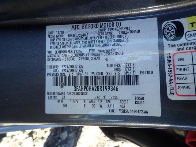 3FAHP0HA2BR199346 - 2011 FORD FUSION SE GRAY photo 10