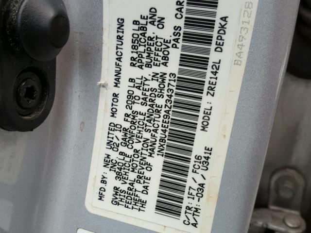 1NXBU4EE9AZ343713 - 2010 TOYOTA COROLLA BA SILVER photo 10