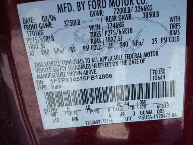 1FTPX14516FB12866 - 2006 FORD F150 Բորդո լուսանկար 10