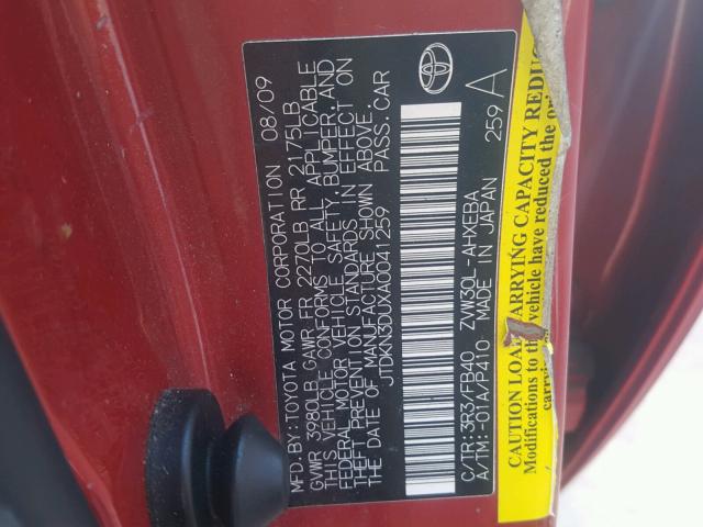 JTDKN3DUXA0041259 - 2010 TOYOTA PRIUS RED photo 10