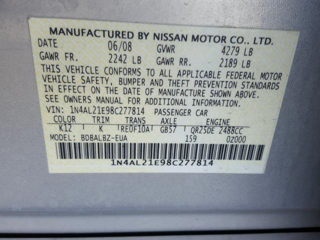 1N4AL21E98C277814 - 2008 NISSAN ALTIMA 2.5 SILVER photo 10