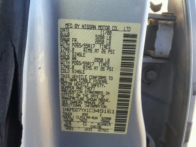 1N6MD27YX1C349161 - 2001 NISSAN FRONTIER C SILVER photo 10