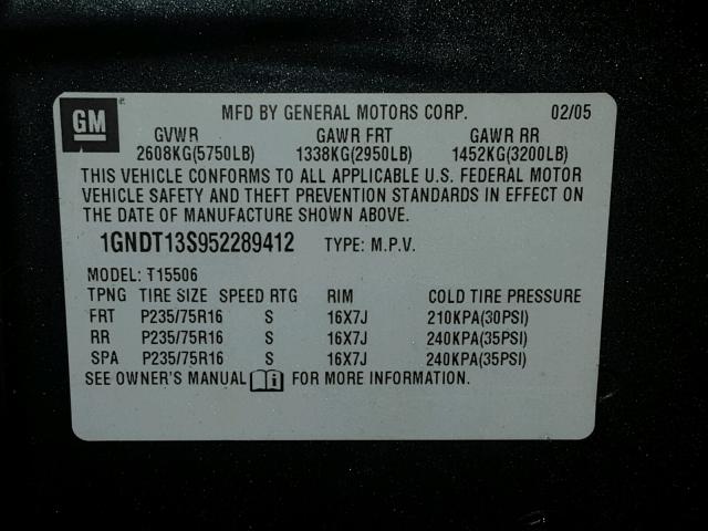 1GNDT13S952289412 - 2005 CHEVROLET TRAILBLAZE GRAY photo 10