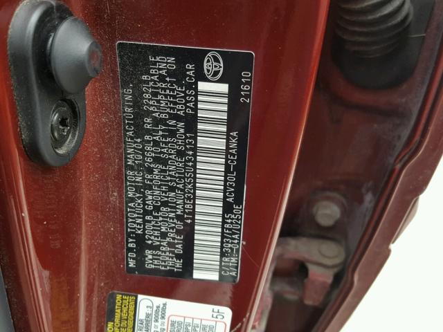 4T1BE32K55U434131 - 2005 TOYOTA CAMRY LE MAROON photo 10