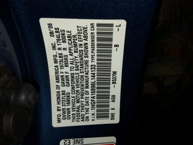 1HGFA16896L144133 - 2006 HONDA CIVIC EX ლურჯი ფოტო 10