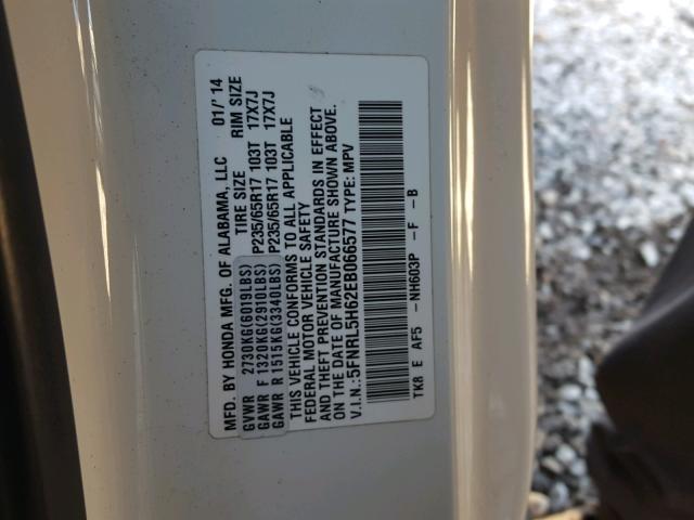 5FNRL5H62EB066577 - 2014 HONDA ODYSSEY EX WHITE photo 10