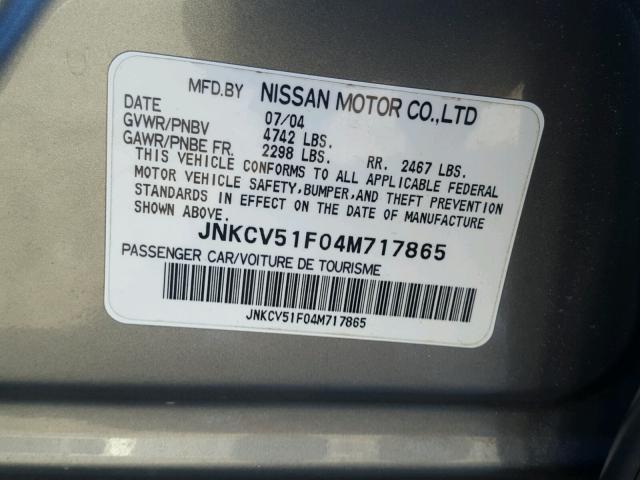 JNKCV51F04M717865 - 2004 INFINITI G35 GRAY photo 10