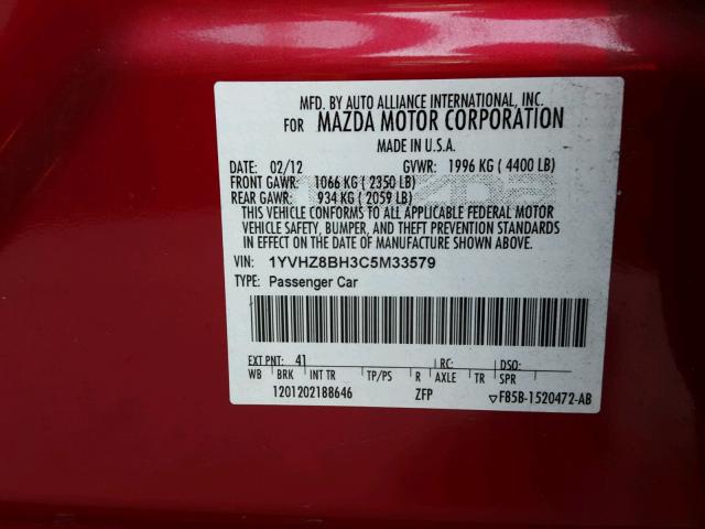 1YVHZ8BH3C5M33579 - 2012 MAZDA 6 I RED photo 10