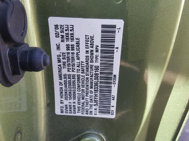 5J6YH18336L008160 - 2006 HONDA ELEMENT LX GREEN photo 10