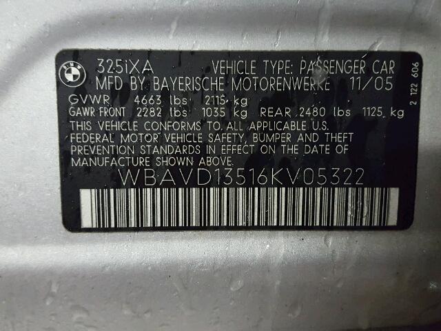 WBAVD13516KV05322 - 2006 BMW 325 XI SILVER photo 10