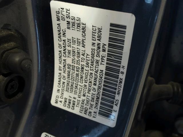 2HKRM3H79EH554534 - 2014 HONDA CR-V EXL GRAY photo 10