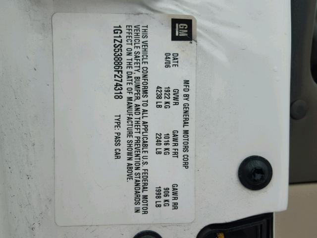 1G1ZS53886F274318 - 2006 CHEVROLET MALIBU LS თეთრი ფოტო 10