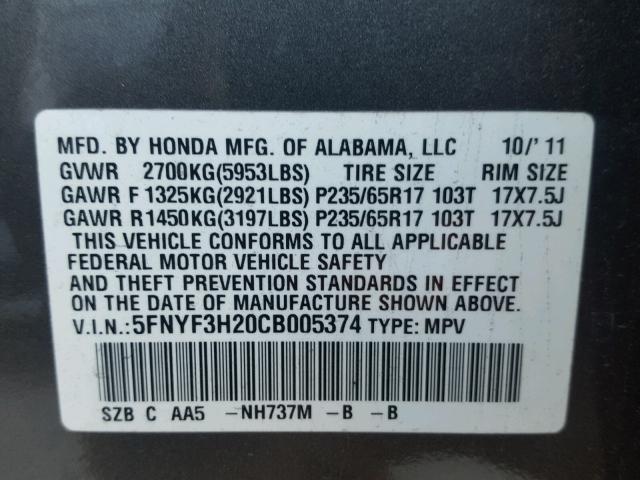 5FNYF3H20CB005374 - 2012 HONDA PILOT LX GRAY photo 10