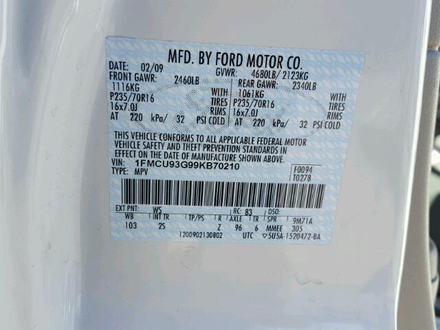 1FMCU93G99KB70210 - 2009 FORD ESCAPE XLT WHITE photo 10