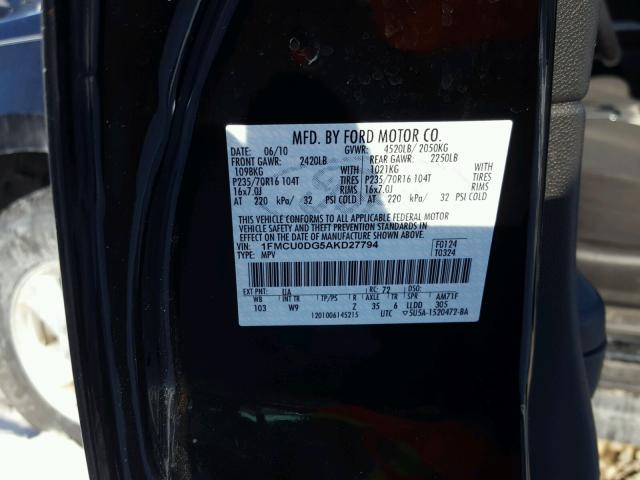 1FMCU0DG5AKD27794 - 2010 FORD ESCAPE XLT BLACK photo 10