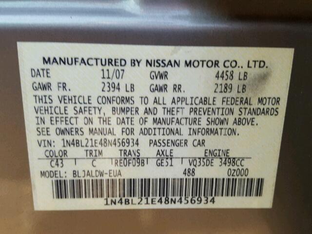 1N4BL21E48N456934 - 2008 NISSAN ALTIMA 3.5 GOLD photo 10