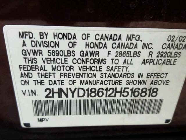 2HNYD18612H516818 - 2002 ACURA MDX TOURIN MAROON photo 10