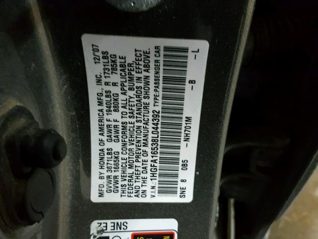 1HGFA16538L044392 - 2008 HONDA CIVIC LX GRAY photo 10