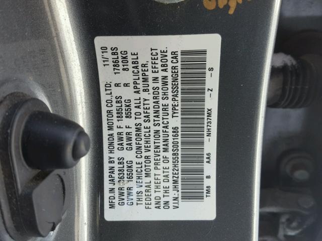 JHMZE2H55BS001686 - 2011 HONDA INSIGHT LX SILVER photo 10