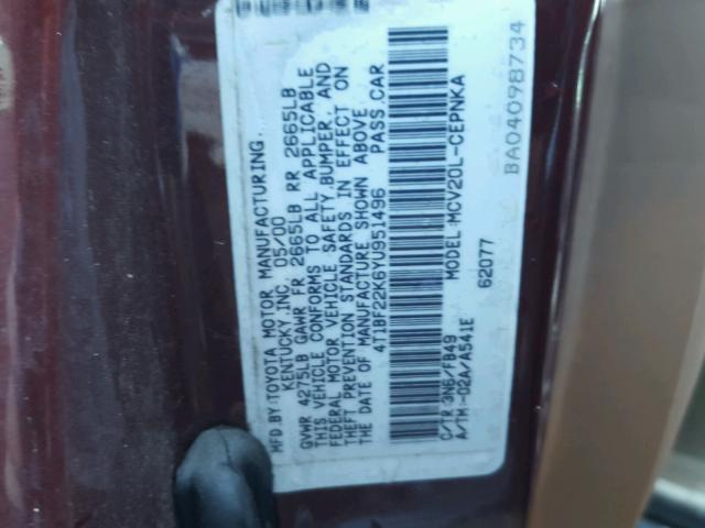 4T1BF22K6YU951496 - 2000 TOYOTA CAMRY LE BURGUNDY photo 10