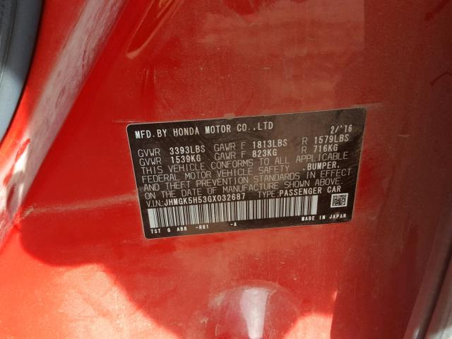 JHMGK5H53GX032687 - 2016 HONDA FIT LX RED photo 10