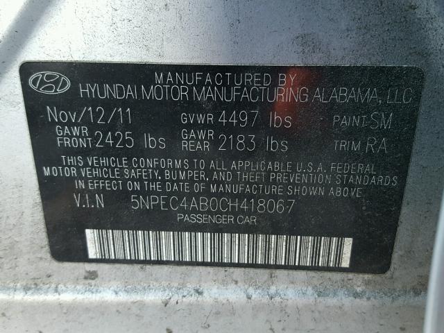 5NPEC4AB0CH418067 - 2012 HYUNDAI SONATA SE SILVER photo 10