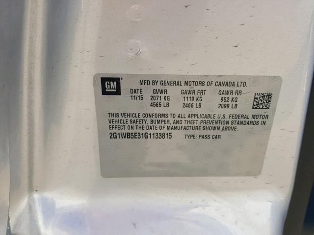 2G1WB5E31G1133815 - 2016 CHEVROLET IMPALA LIM SILVER photo 10