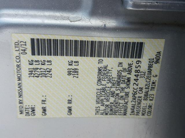 1N4AL2AP6CC244859 - 2012 NISSAN ALTIMA BAS SILVER photo 10