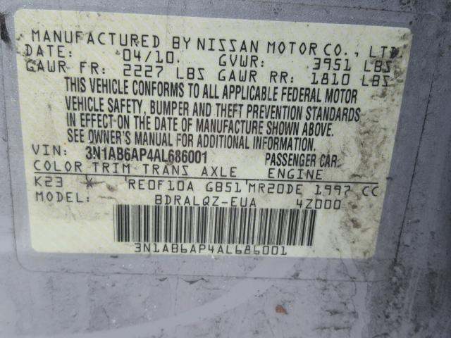 3N1AB6AP4AL686001 - 2010 NISSAN SENTRA 2.0 SILVER photo 10