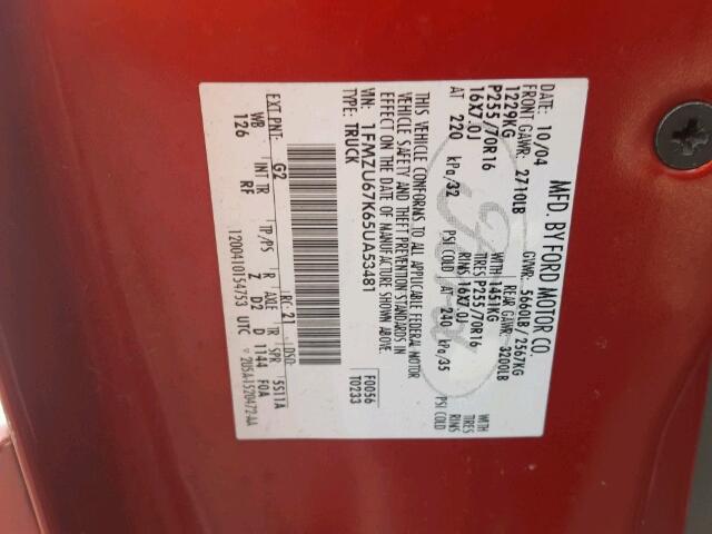 1FMZU67K65UA53481 - 2005 FORD EXPLORER S RED photo 10