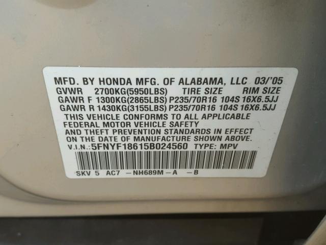 5FNYF18615B024560 - 2005 HONDA PILOT EXL SILVER photo 10