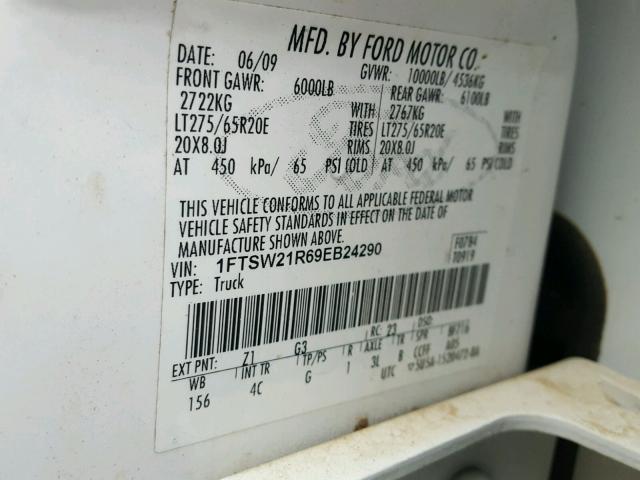 1FTSW21R69EB24290 - 2009 FORD F250 SUPER WHITE photo 10