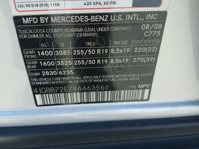 4JGBB72E79A463566 - 2009 MERCEDES-BENZ ML 550 SILVER photo 10