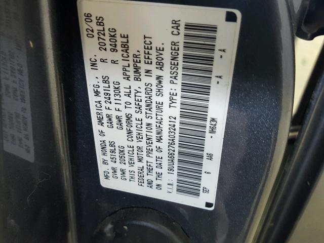 19UUA66276A032412 - 2006 ACURA 3.2TL GRAY photo 10