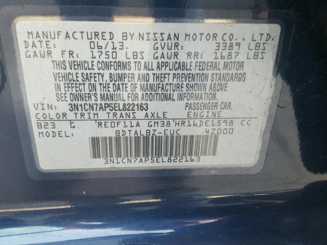 3N1CN7AP5EL822163 - 2014 NISSAN VERSA S BLUE photo 10