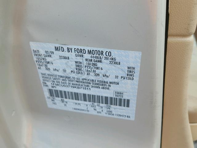 1FMCU03719KB71511 - 2009 FORD ESCAPE XLT TAN photo 10