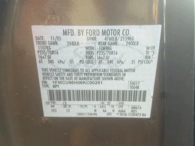 1FMCU96H06KC00291 - 2006 FORD ESCAPE HEV GRAY photo 10