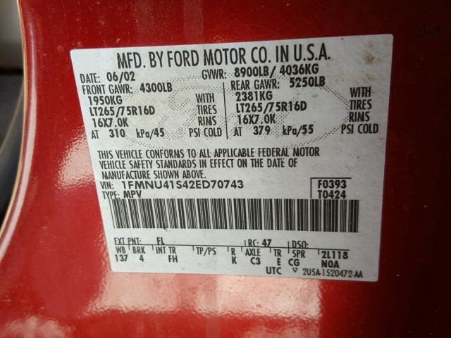 1FMNU41S42ED70743 - 2002 FORD EXCURSION RED photo 10