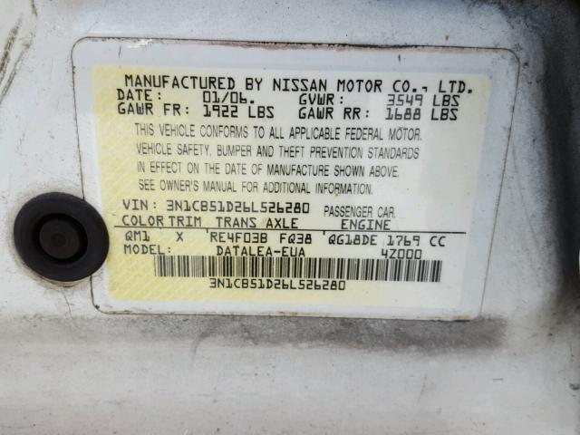 3N1CB51D26L526280 - 2006 NISSAN SENTRA 1.8 WHITE photo 10