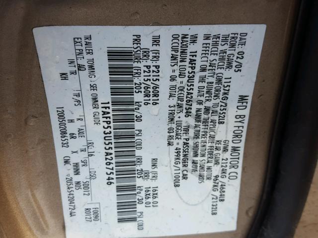 1FAFP53U55A267546 - 2005 FORD TAURUS SE BROWN photo 10