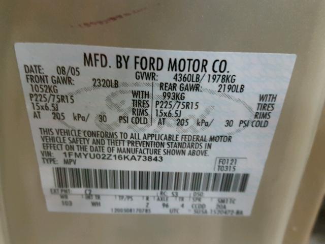 1FMYU02Z16KA73843 - 2006 FORD ESCAPE XLS TAN photo 10