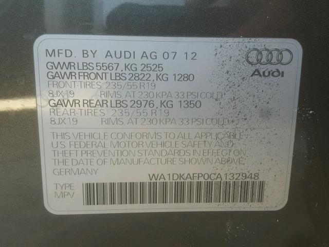 WA1DKAFP0CA132948 - 2012 AUDI Q5 PREMIUM GRAY photo 10