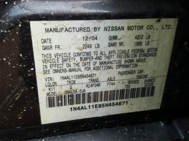 1N4AL11E85N454671 - 2005 NISSAN ALTIMA S GRAY photo 10