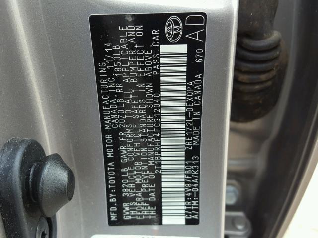 2T1BPRHE4FC312040 - 2015 TOYOTA COROLLA EC 棕色 照片 10