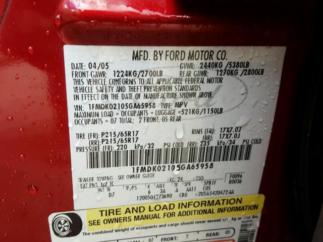 1FMDK02105GA65958 - 2005 FORD FREESTYLE RED photo 10