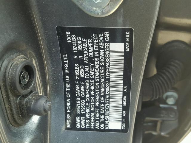 SHHFK7H77HU205227 - 2017 HONDA CIVIC EXL 黑色 照片 10