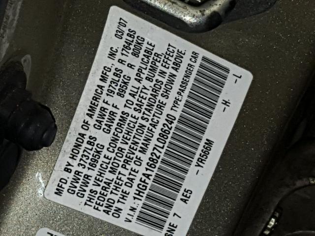 1HGFA16827L086240 - 2007 HONDA CIVIC EX BEIGE photo 10