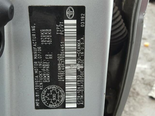 4T1BE46K37U054451 - 2007 TOYOTA CAMRY NEW SILVER photo 10