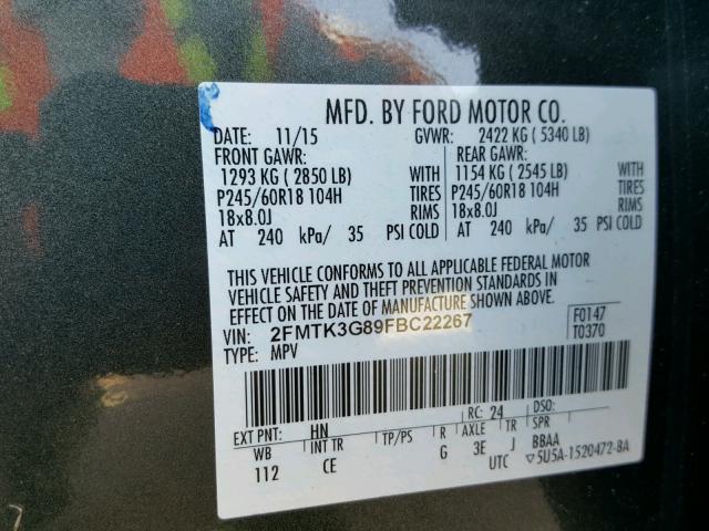 2FMTK3G89FBC22267 - 2015 FORD EDGE SE GREEN photo 10