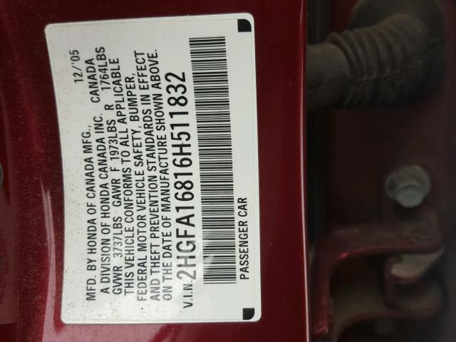 2HGFA16816H511832 - 2006 HONDA CIVIC EX წითელი ფოტო 10